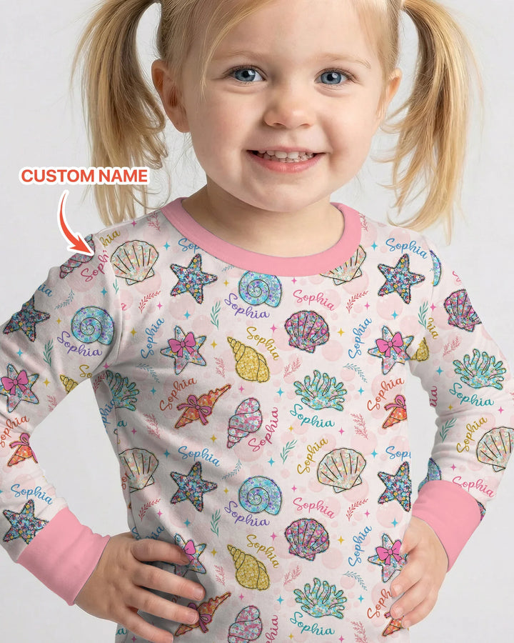 Custom Name Seaside Wildflower Summer Bamboo Two Piece Long Sleeve Pajama Set