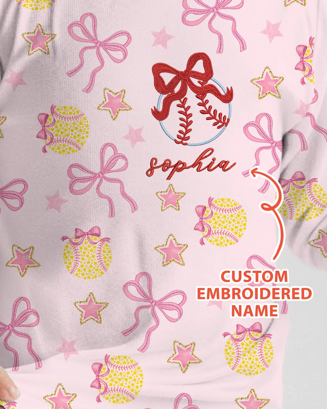 Custom Embroidered Softball Bow Baby Bamboo Two Piece Long Sleeve Pajama Set