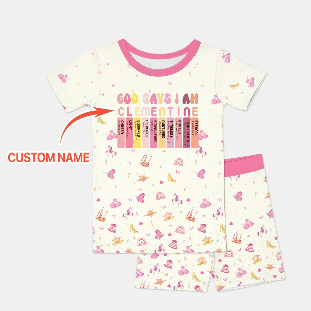 God Says I Am Name Letter In Bible Two Piece Short Sleeve Shorts Pajama Set , God Says I Am Name Letter In Bible Two Piece Short Sleeve Shorts Pajama Set - 12-18M