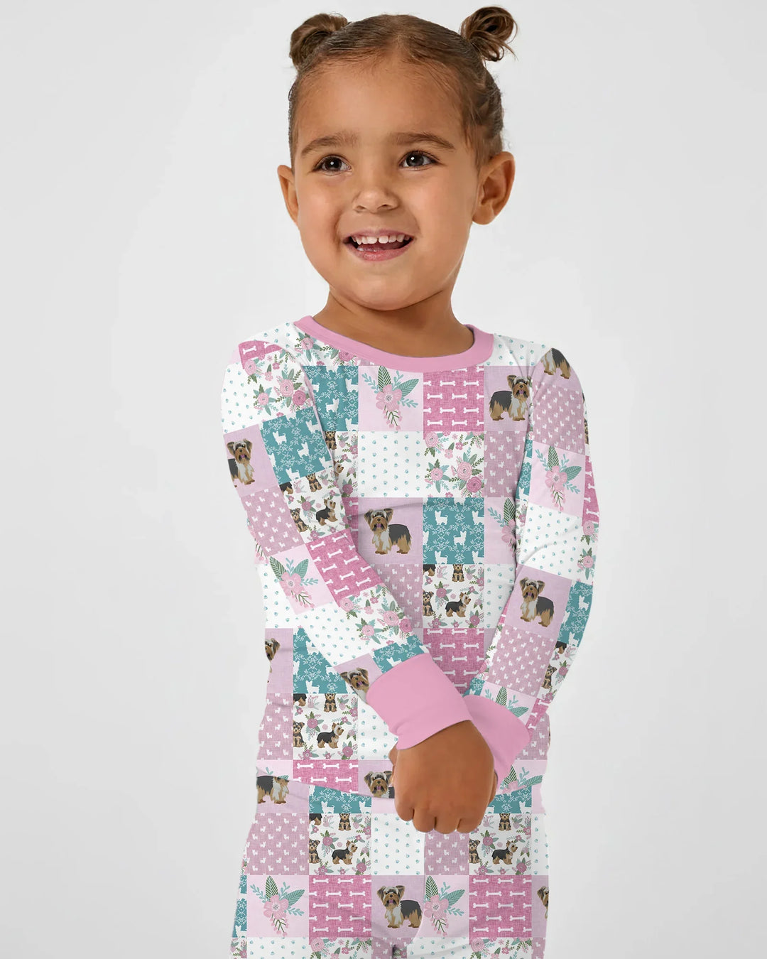 Floral Yorkie Grace Two Piece Long Sleeve Pajama Set