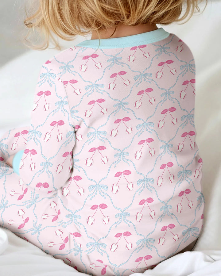 Cherry Baseball Softball Mom and Girl Matching Bamboo Two Piece Long Sleeve Pajama Set