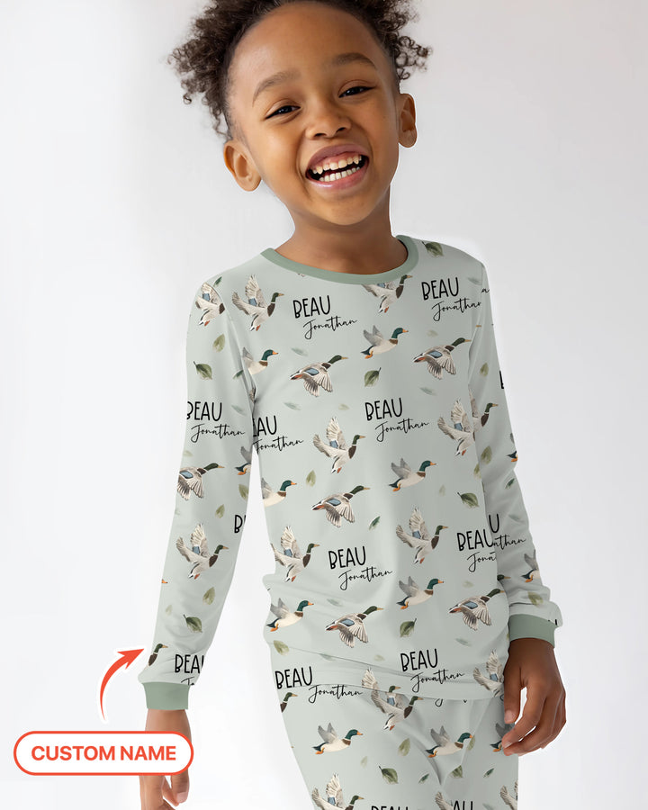 Custom Name Mallard Duck Two Piece Long Sleeve Pajama Set