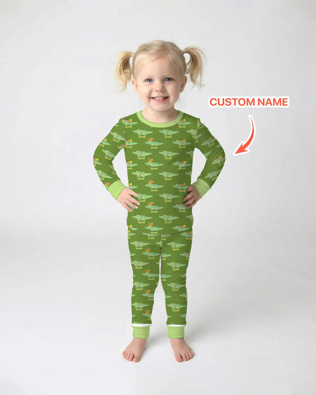 Custom Name Mardi Gras Gator Two Piece Long Sleeve Pajama Set