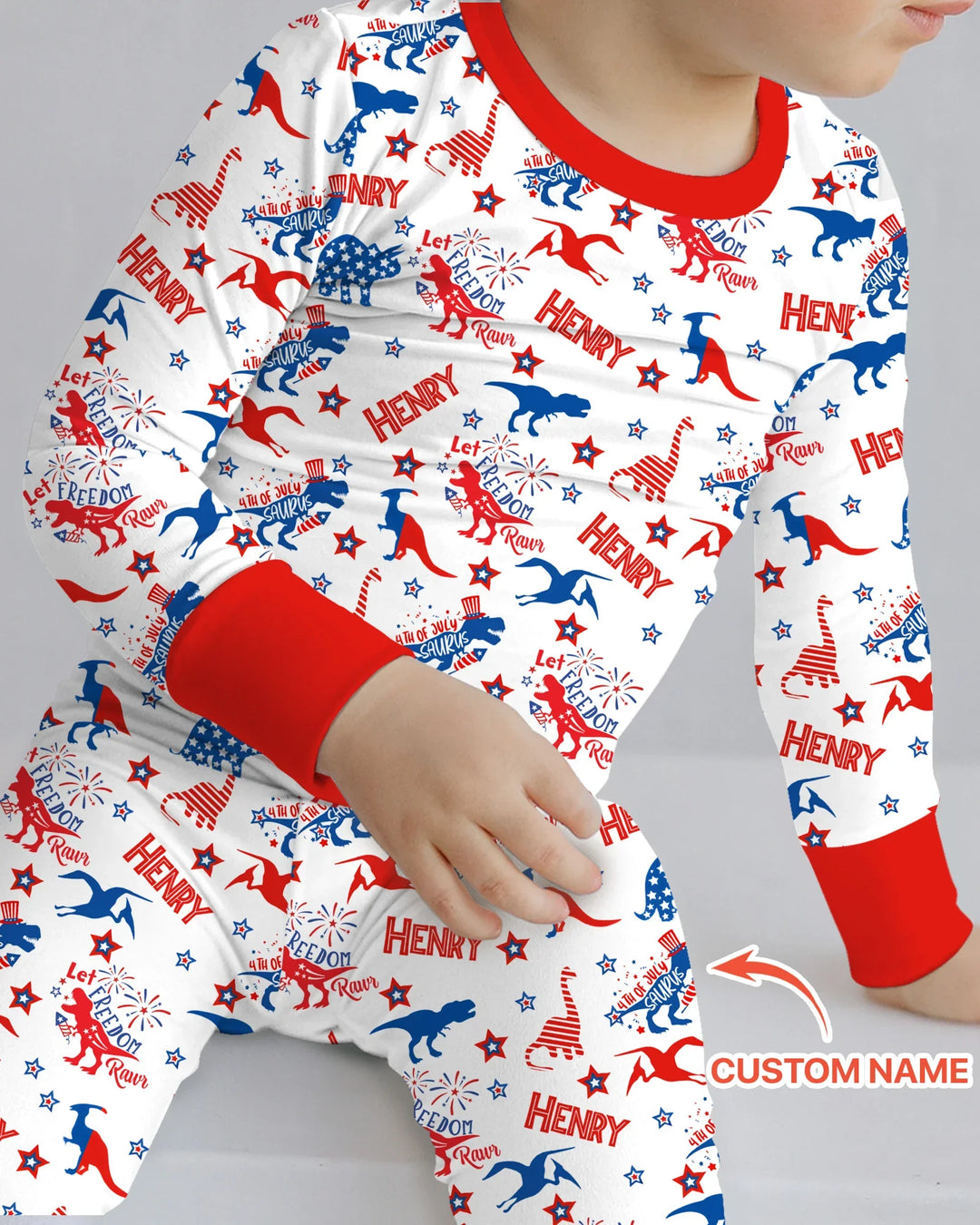 Custom Name Patriotic Dinosaur Bamboo Two Piece Long Sleeve Pajama Set