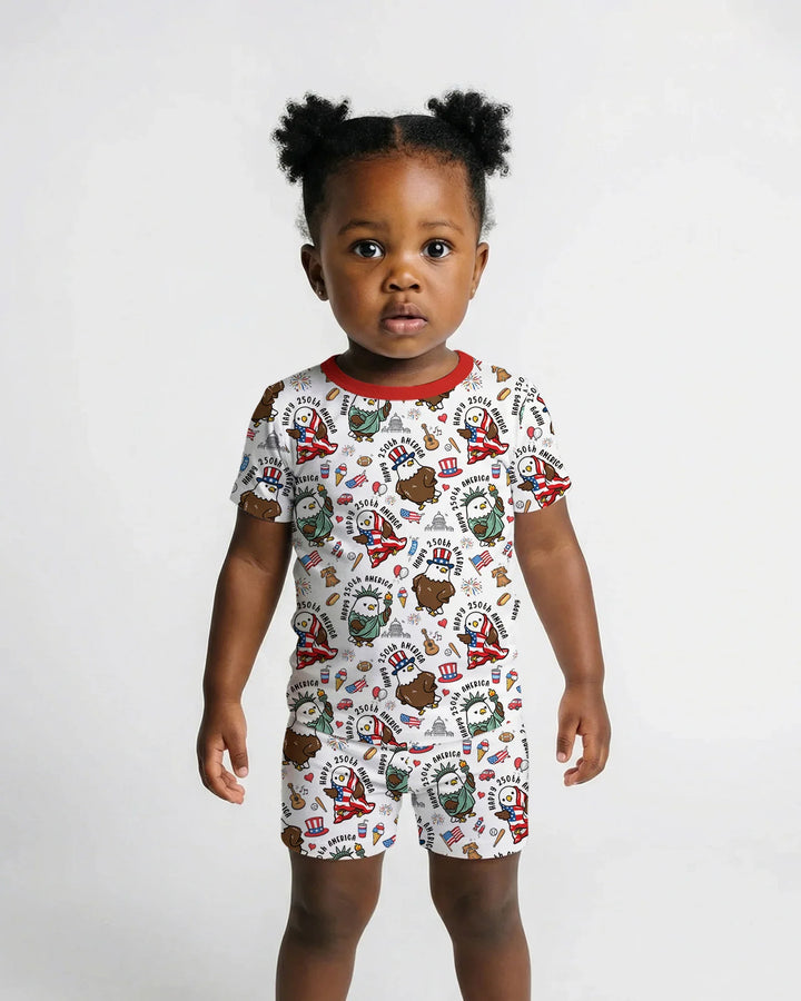 Happy 250th America Cute Patriotic Eagles Family Matching Bamboo Two Piece Short Sleeve Shorts Pajama Set