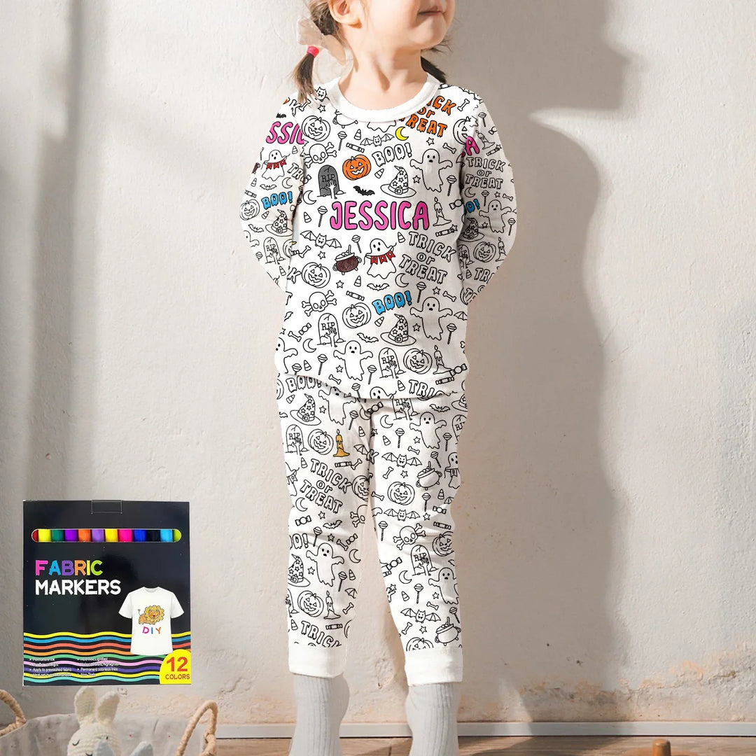Custom Name Colorable Halloween Trick or Treat Two Piece Long Sleeve Pajama Set , Custom Name Colorable Halloween Trick or Treat Two Piece Long Sleeve Pajama Set - 3T