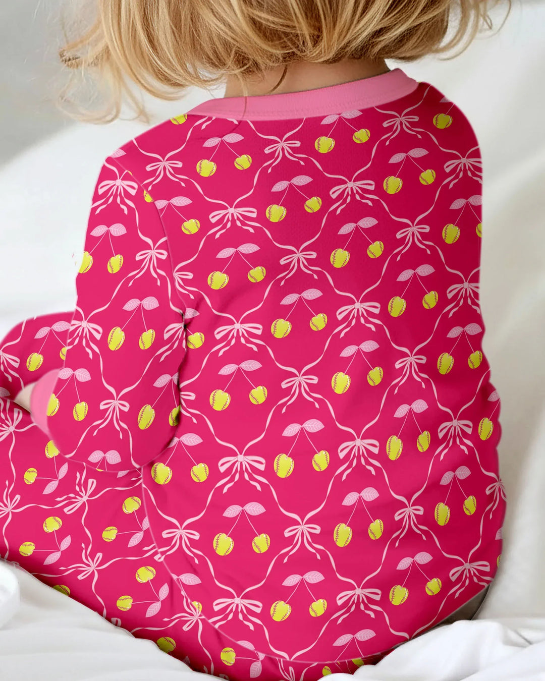 Cherry Baseball Softball Mom and Girl Matching Bamboo Two Piece Long Sleeve Pajama Set