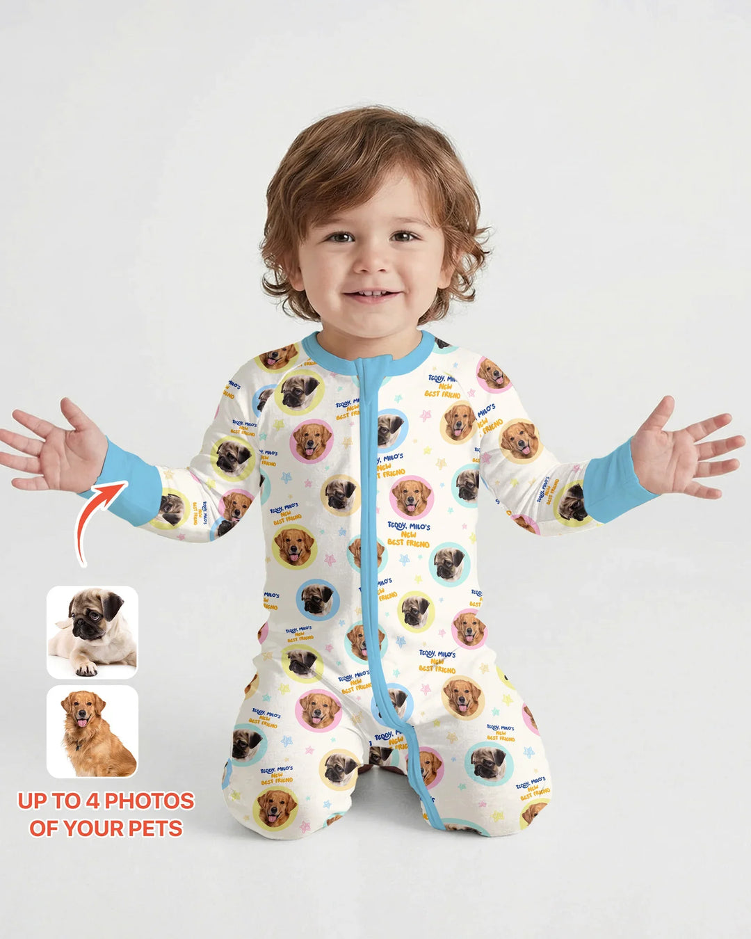 Pijama convertible de bambú con cremallera y fotos personalizadas de tu mascota "Mi nuevo mejor amigo"