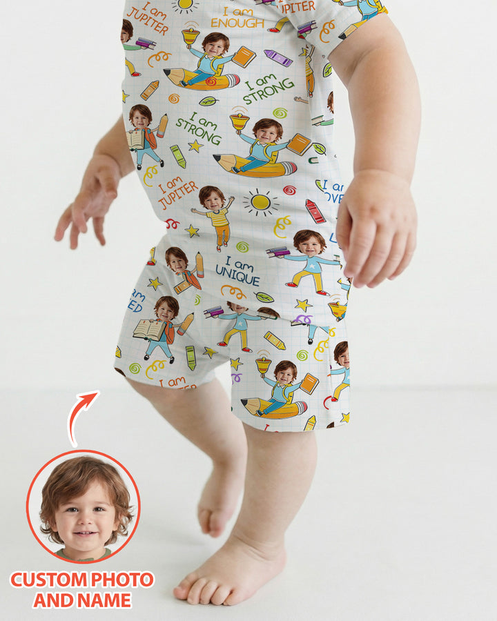 Custom Photo Kid Affirmations I Am Kind Bamboo Two Piece Short Sleeve Shorts Pajama Set