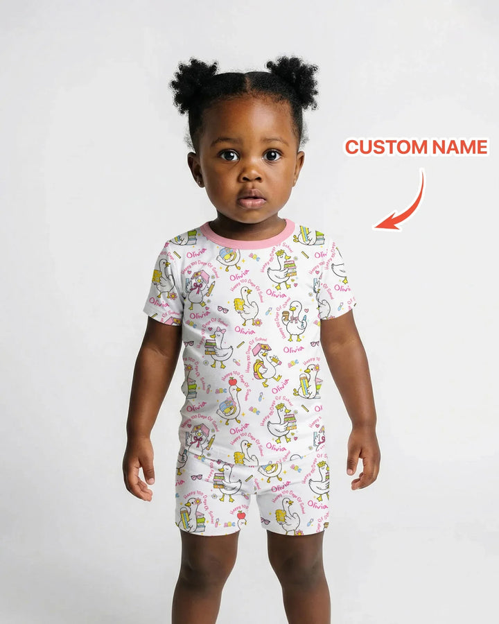 Custom Name Goose Happy 100 Days Of School Two Piece Short Sleeve Shorts Pajama Set
