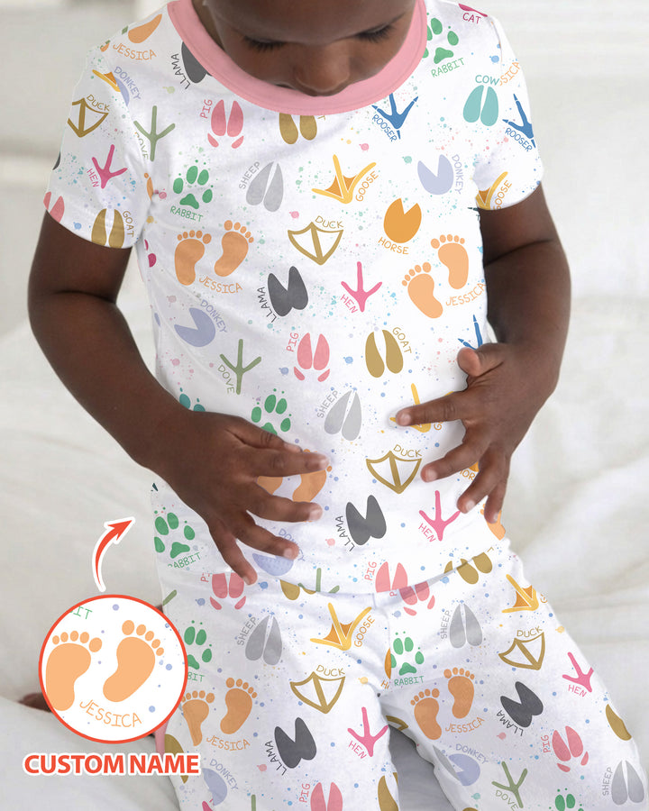 Cute Farm Animal Tracks Custom Name Bamboo Two Piece Short Sleeve Pajama Set
