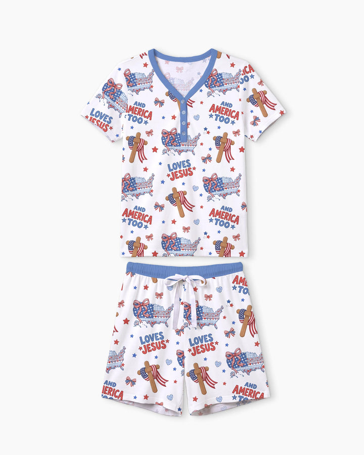 Loves Jesus And America Too Bamboo Women Short Sleeve Short Pajama Set