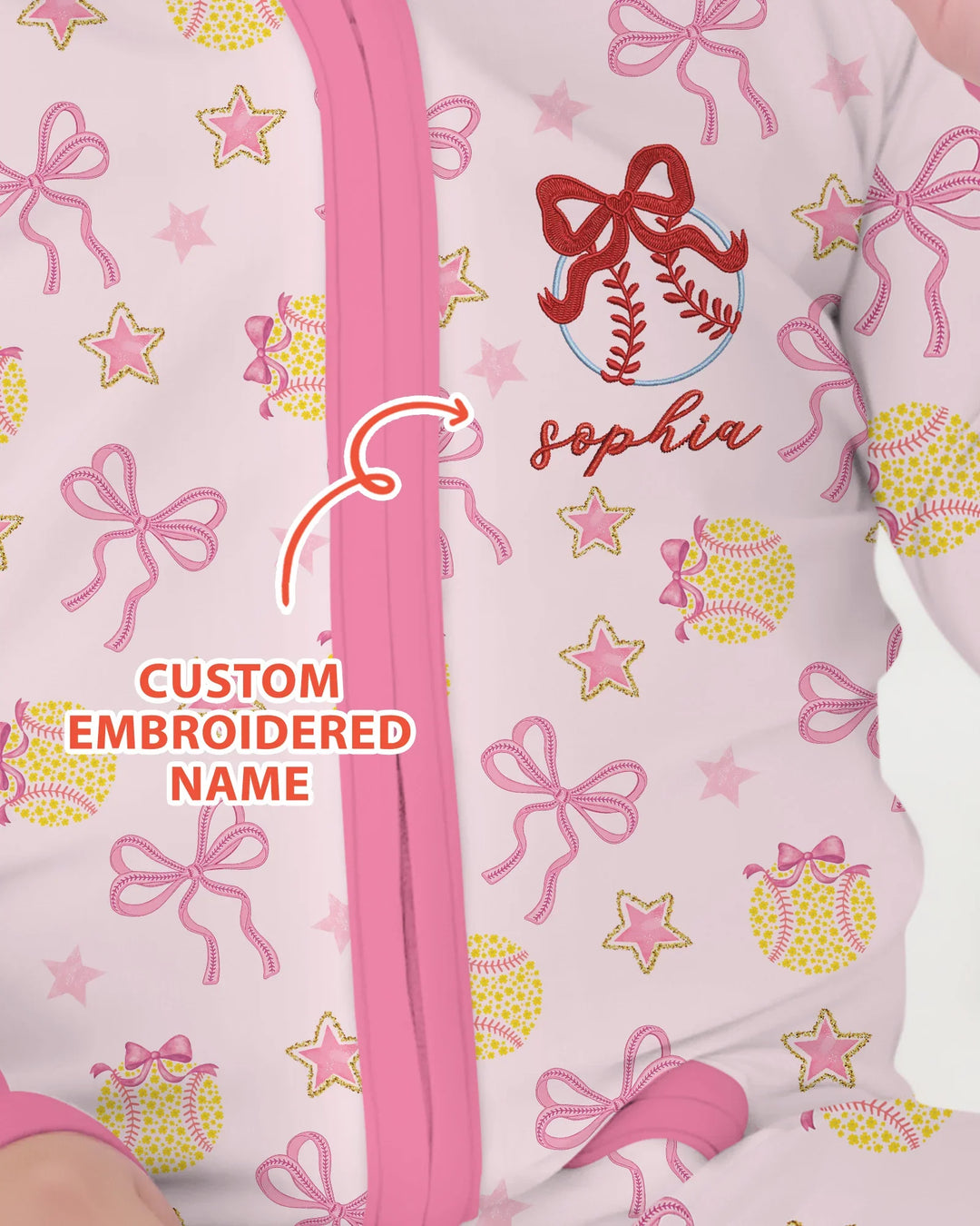 Custom Name Embroidered Softball Bow Baby Bamboo Convertible Zippy