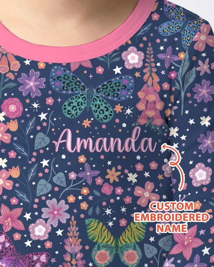 Custom Name Embroidered Colorful Butterfly Bamboo Two Piece Long Sleeve Pajama Set