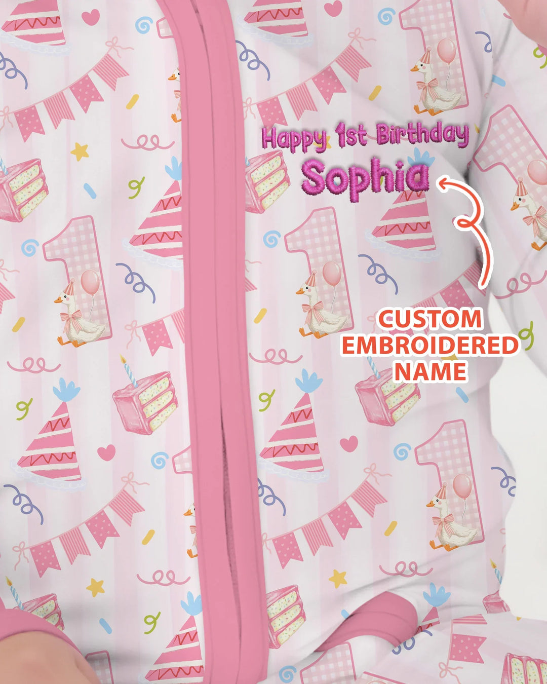 1st Birthday Girl Embroidered Baby Bamboo Convertible Zippy