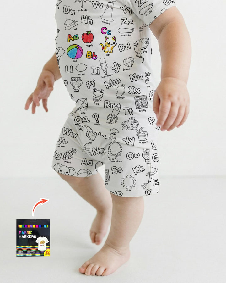 All Colorable Alphabet Two Piece Short Sleeve Shorts Pajama Set