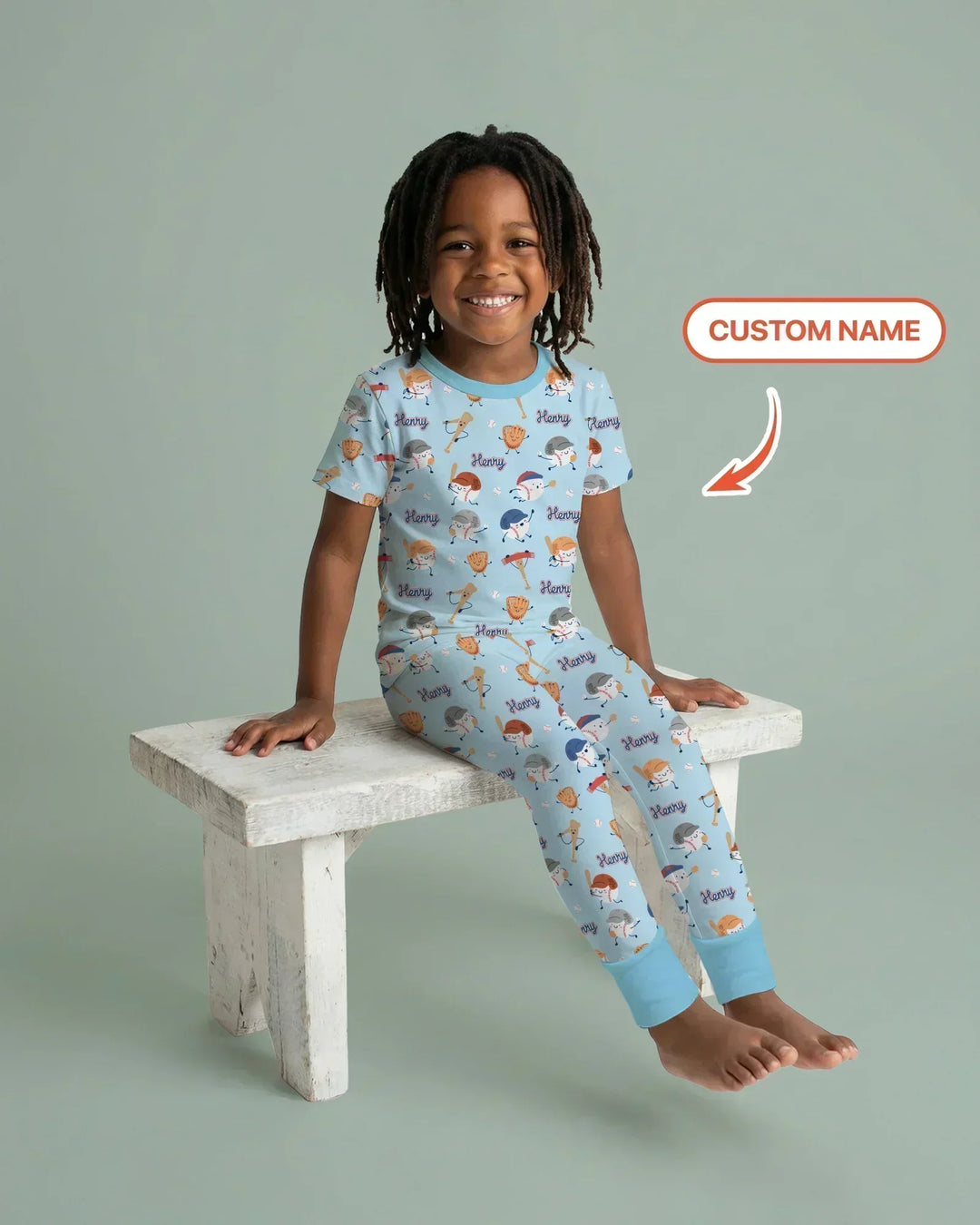 Custom Name Ballparl Family Matching Bamboo Two Piece Short Sleeve Pajama Set