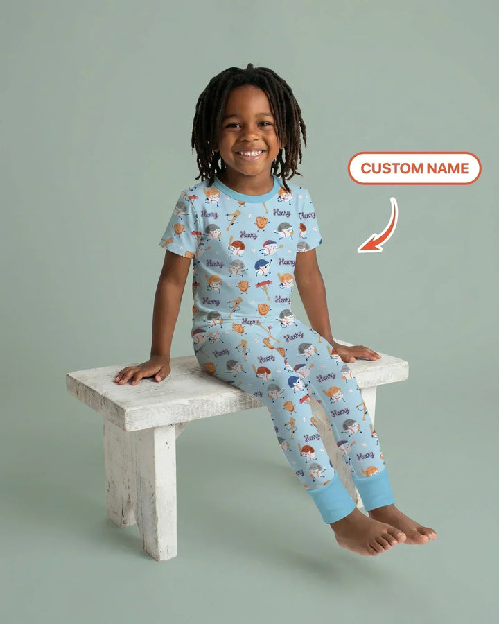 Custom Name Ballparl Family Matching Bamboo Two Piece Short Sleeve Pajama Set
