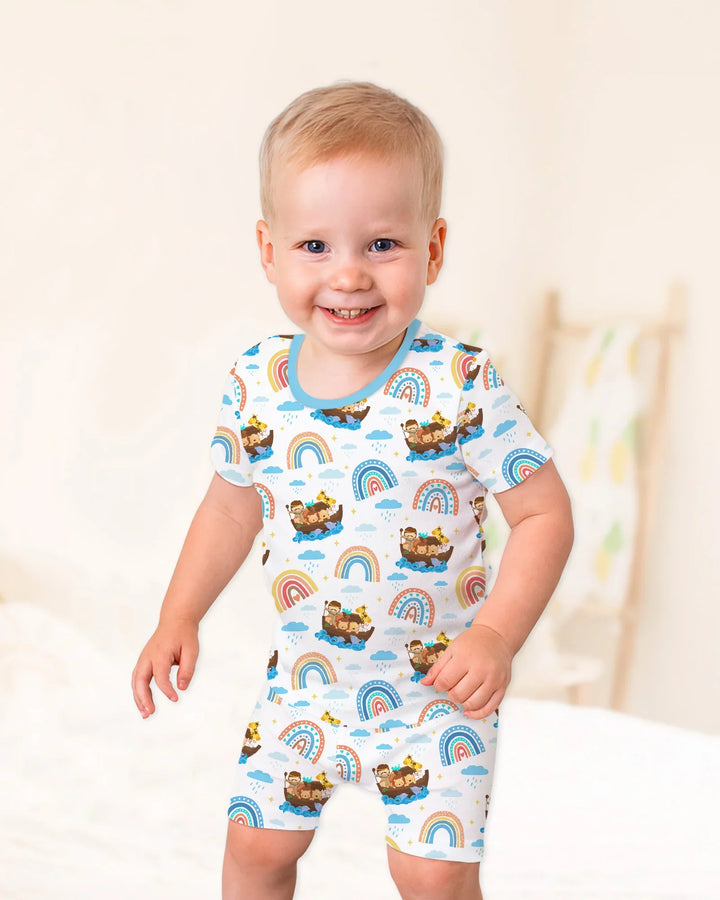 Conjunto de pijama de dos piezas de pantalón corto y manga corta "El Arca de Noé y la promesa del arcoíris de Dios"