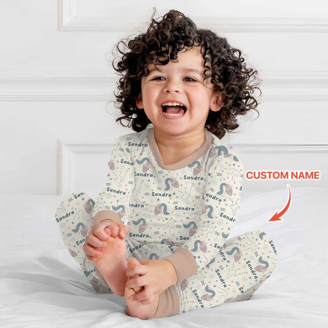 Bohemian Baby Zodiac Signs Custom Name Two Piece Long Sleeve Pajama Set