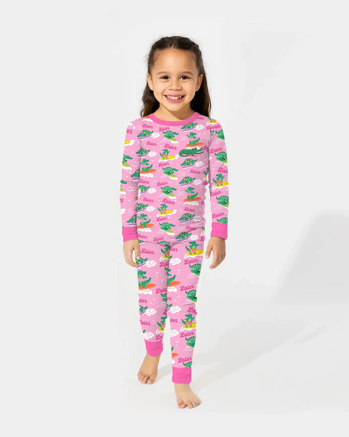 Conjunto de pijama de dos piezas de bambú de manga larga con cocodrilo bordado para verano