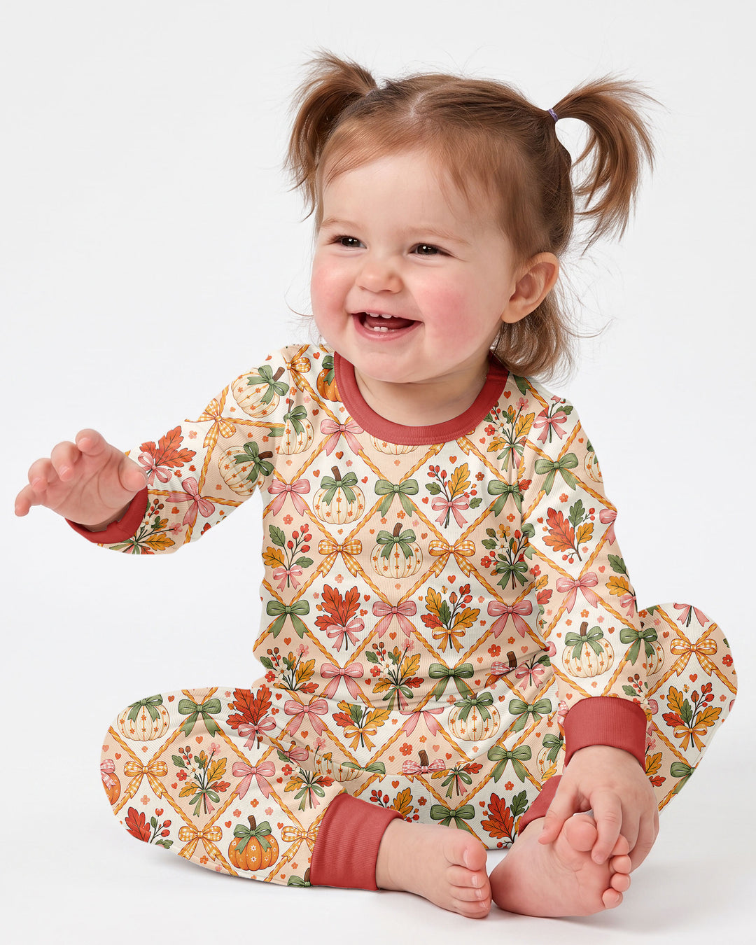 Retro Fall Pumpkin Bow Bamboo Two Piece Long Sleeve Pajama Set