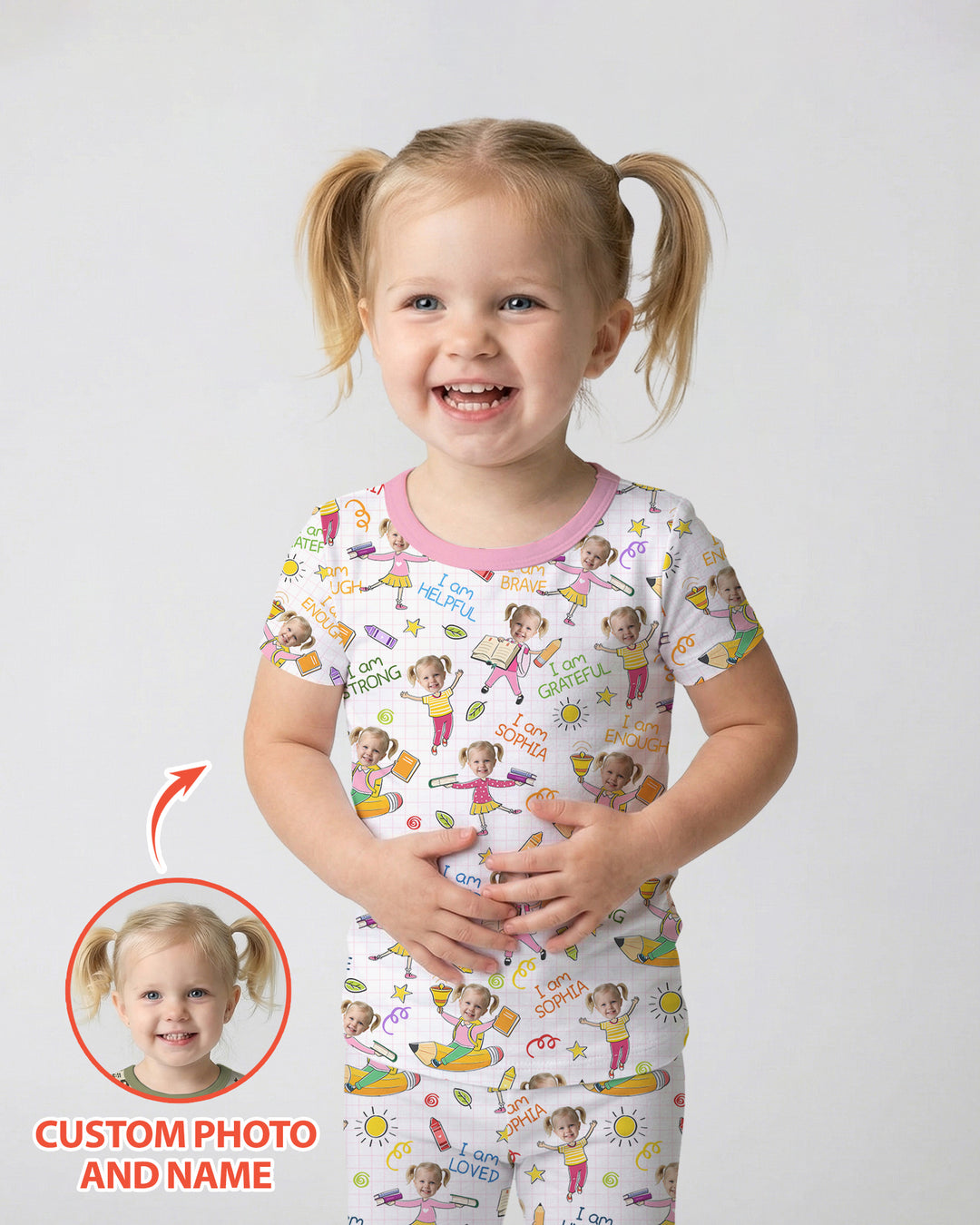Custom Photo Kid Affirmations I Am Kind Bamboo Two Piece Short Sleeve Pajama Set