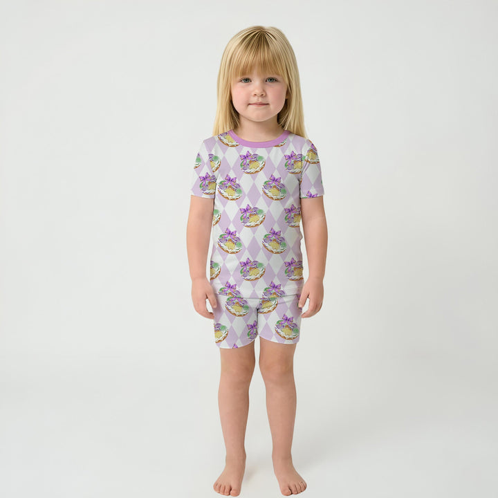 Mardi Gras Donut Two Piece Short Sleeve Shorts Pajama Set
