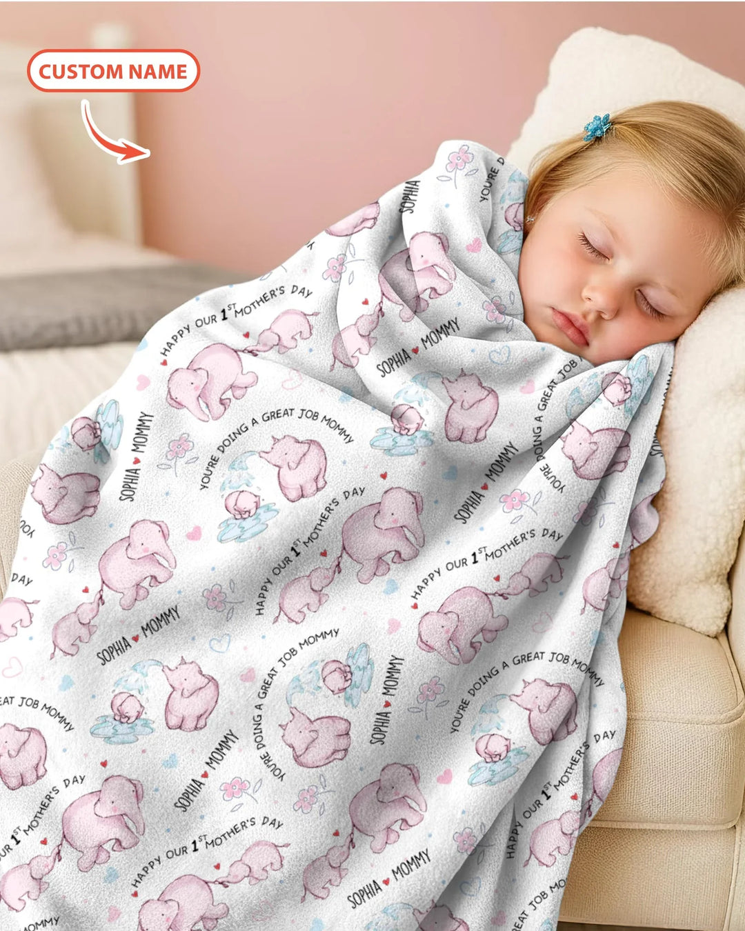 Custom Name Mother & Baby Elephant Blanket