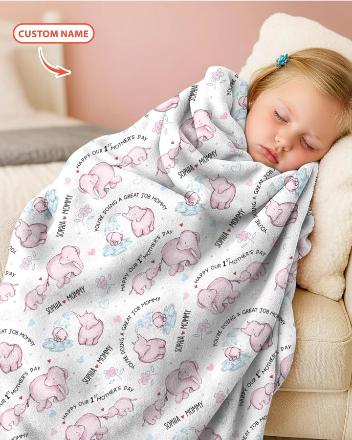 Custom Name Mother & Baby Elephant Blanket