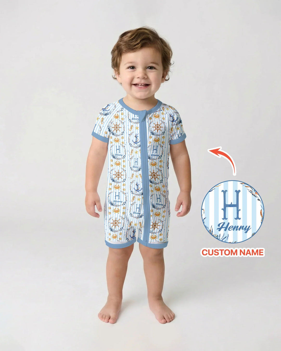 Bon Voyage - Pijama corto de bambú con cremallera y nombre personalizado