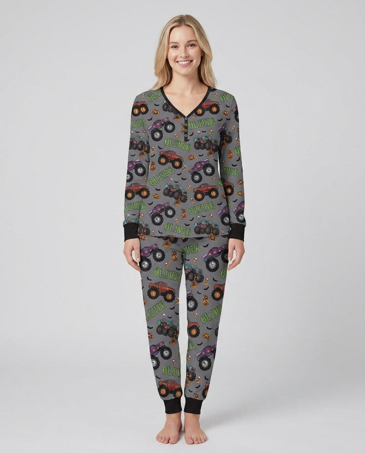 Custom Name Haunted Monster Trucks  Bamboo Women Pajama Set