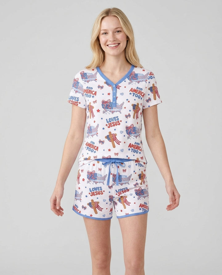 Loves Jesus And America Too Bamboo Women Short Sleeve Short Pajama Set