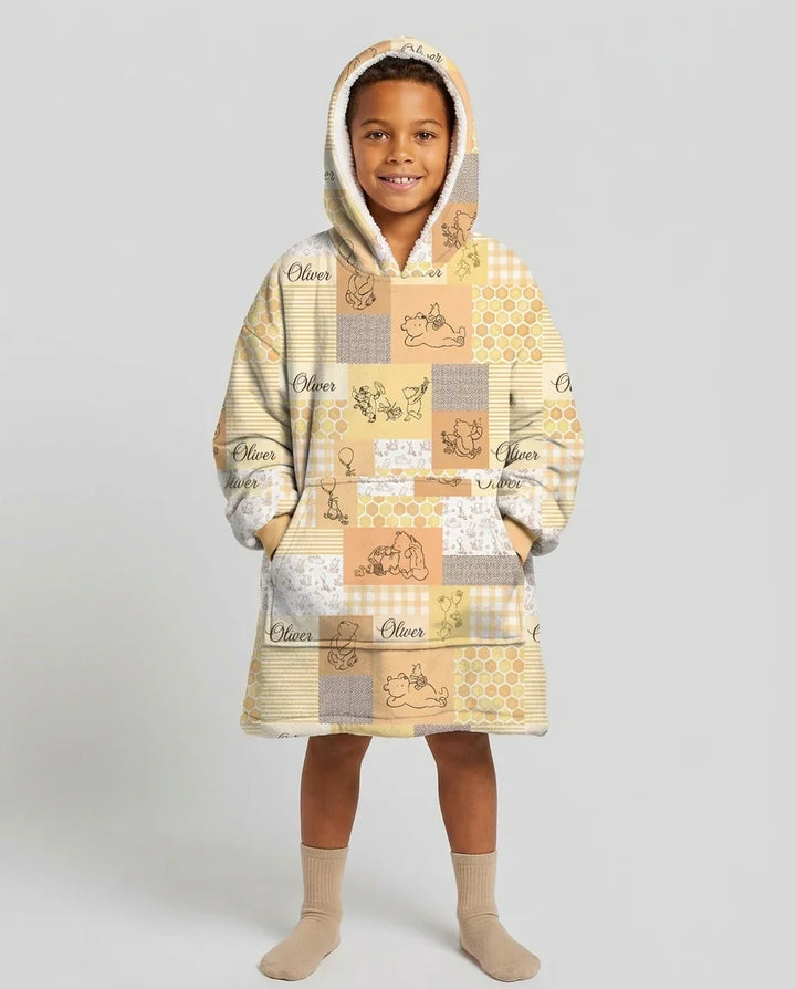 Personalized Classic Bear Patchwork  Bamboo Blanket Hoodie