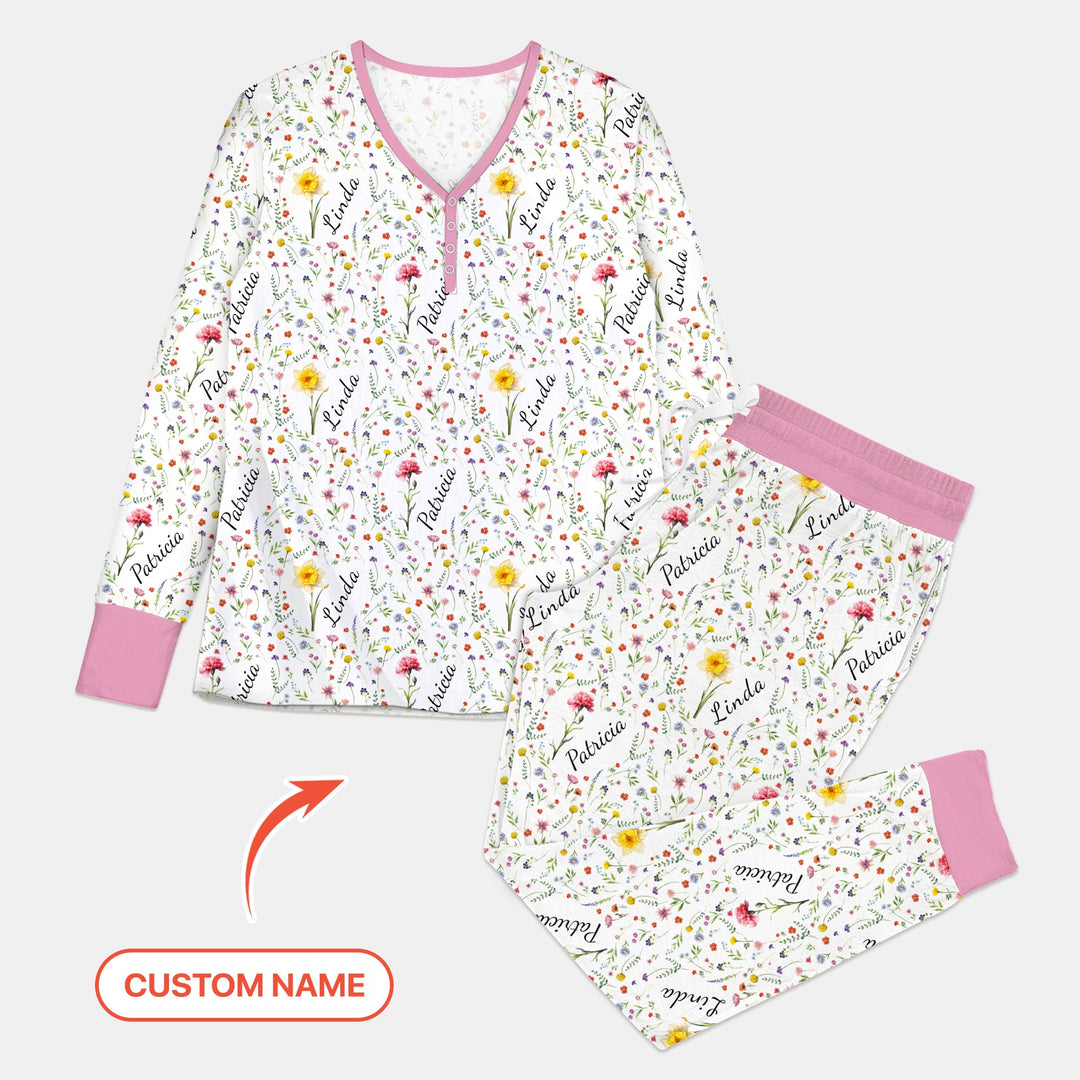 Birth Flower Custom Name Family Daughter Sister Women Pajama Set