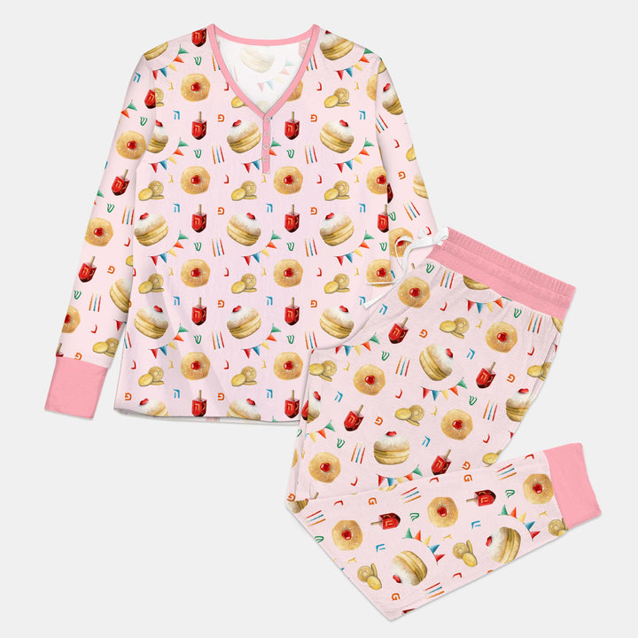 Hanukkah Donuts Women Pajama Set , Hanukkah Donuts Women Pajama Set - Combo Shirt & Pants / S / Pink