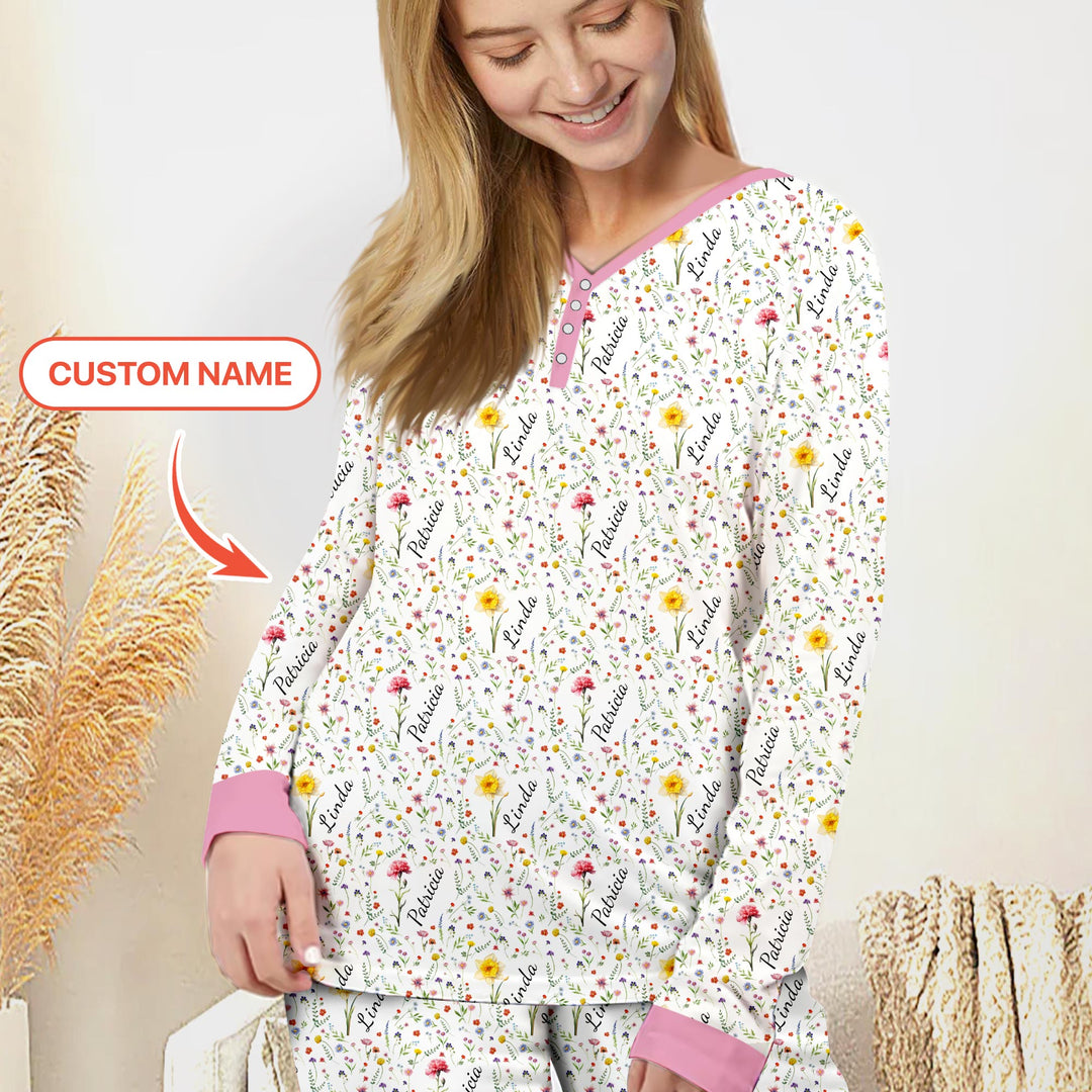 Birth Flower Custom Name Family Daughter Sister Women Pajama Set