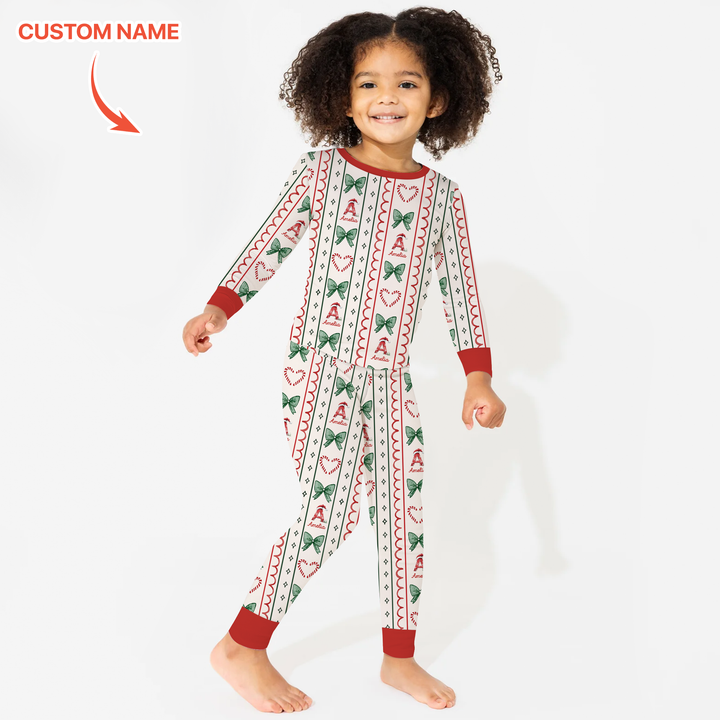 Custom Name Christmas Stripes Two Piece Long Sleeve Pajama Set