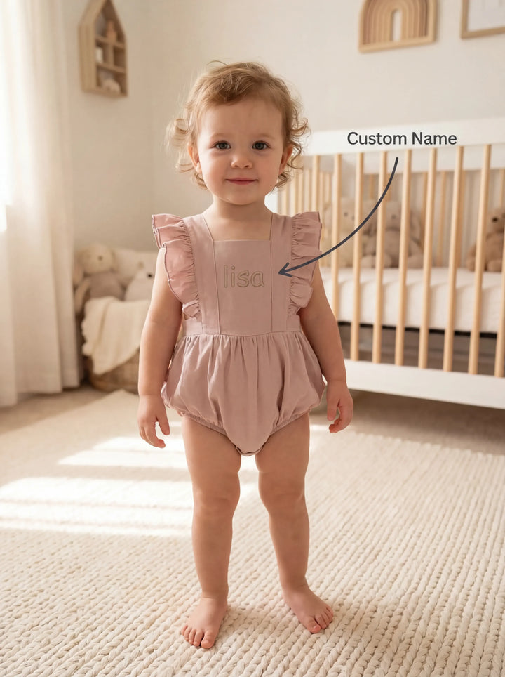 Custom Name Bamboo Cross Back Ruffle Bubble Romper