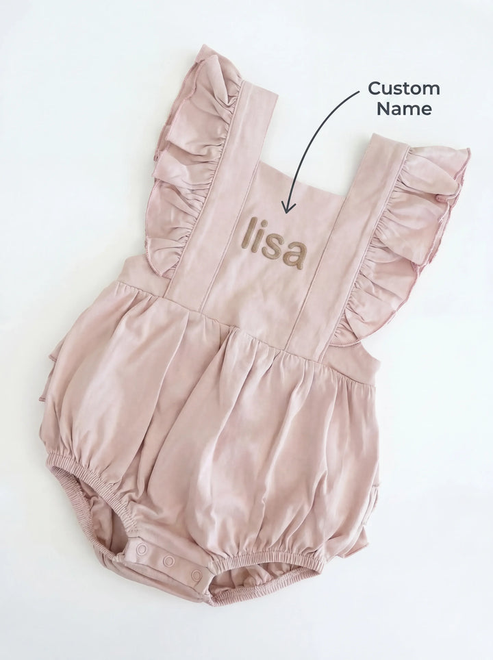Custom Name Bamboo Cross Back Ruffle Bubble Romper