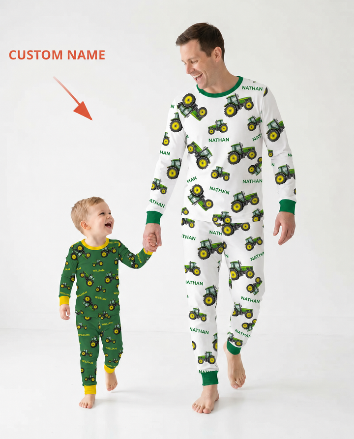 Custom Name Green Tractors Matching Daddy & Me Bamboo Two Piece Long Sleeve Pajama Set