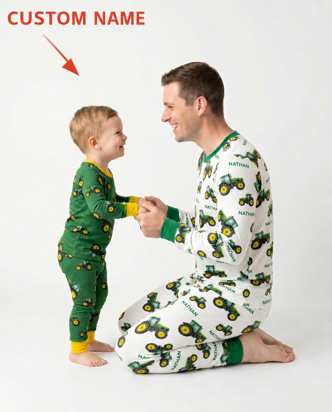 Custom Name Green Tractors Matching Daddy & Me Bamboo Two Piece Long Sleeve Pajama Set