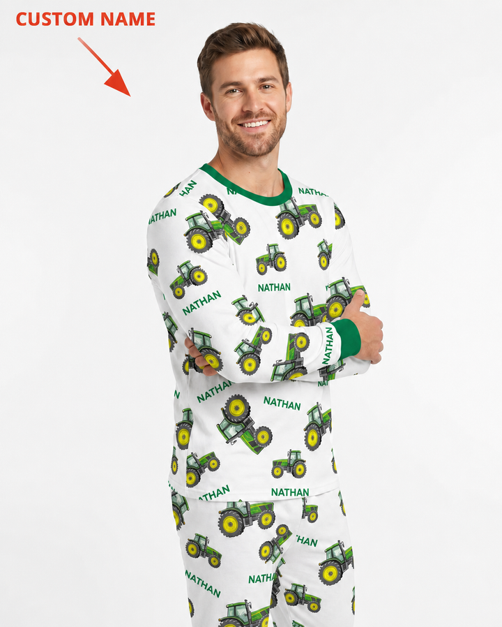 Custom Name Green Tractors Matching Daddy & Me Bamboo Men's Pajama Set