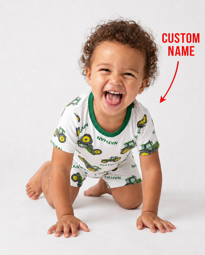 Custom Name Green Tractors Matching Daddy & Me Bamboo Two Piece Short Sleeve Shorts Pajama Set