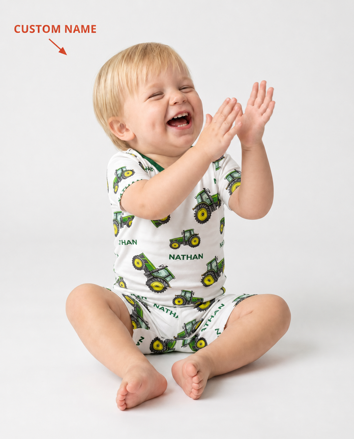 Custom Name Green Tractors Matching Daddy & Me Bamboo Two Piece Short Sleeve Shorts Pajama Set