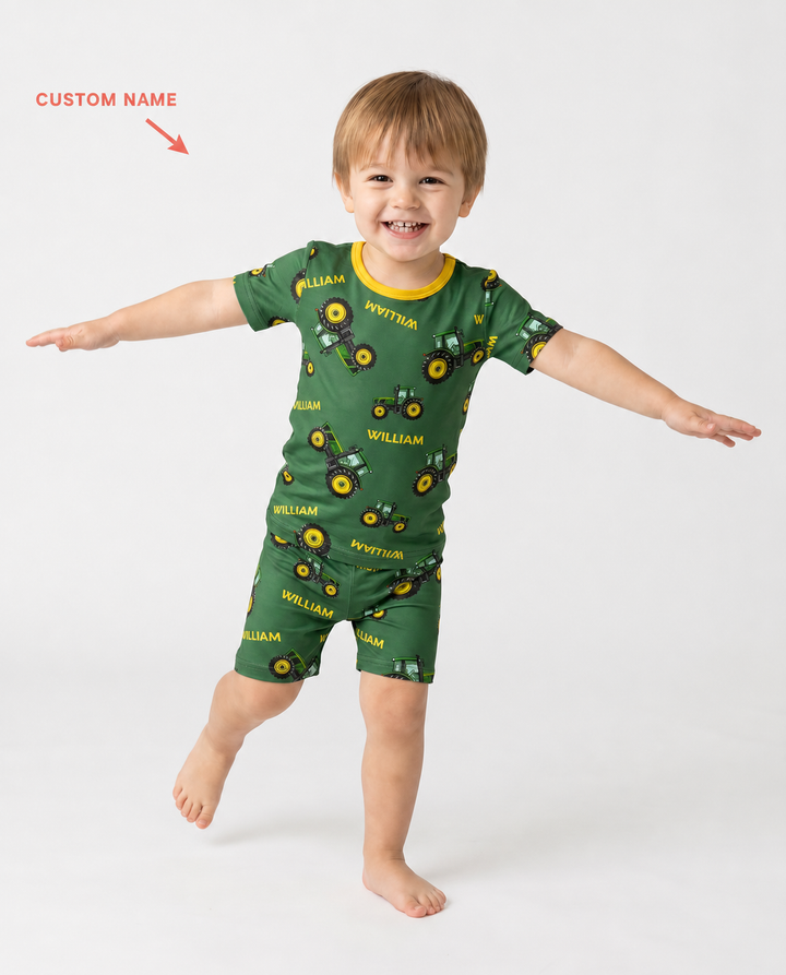 Custom Name Green Tractors Matching Daddy & Me Bamboo Two Piece Short Sleeve Shorts Pajama Set