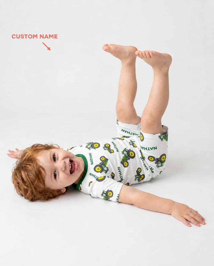 Custom Name Green Tractors Matching Daddy & Me Bamboo Two Piece Short Sleeve Shorts Pajama Set