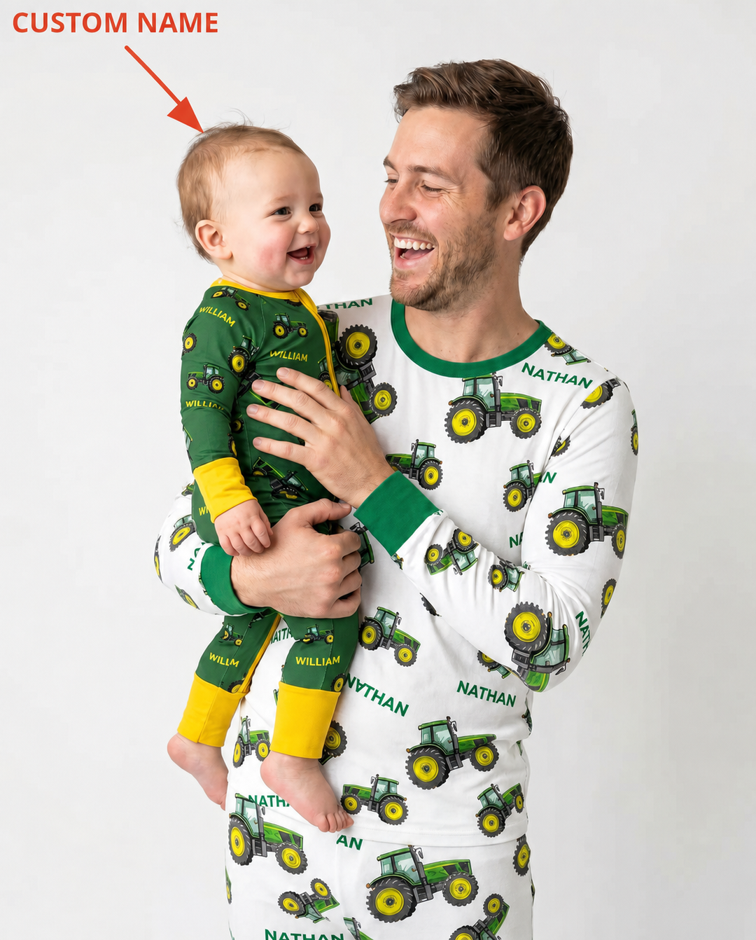 Custom Name Green Tractors Matching Daddy & Me Bamboo Men's Pajama Set