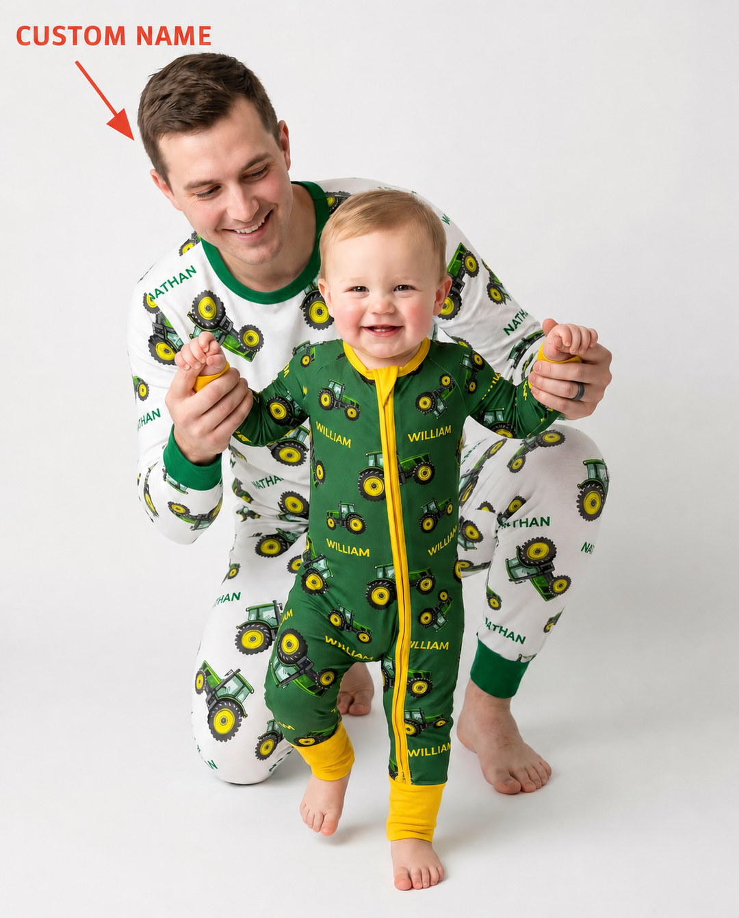 Custom Name Green Tractors Matching Daddy & Me Bamboo Men's Pajama Set