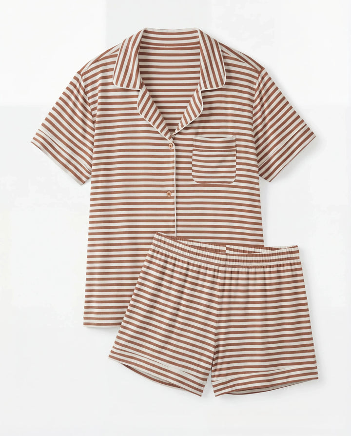 Conjunto de pijama corto de bambú a rayas marrón castaño para mujer